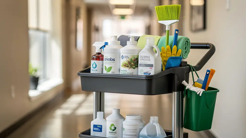 Chariot de nettoyage professionnel équipé de produits écologiques dans un couloir de bureaux