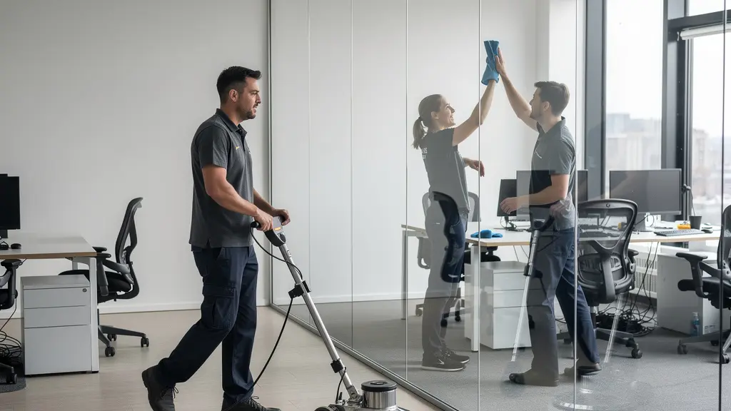Équipe de nettoyage professionnel (entreprise nettoyage Québec) en action dans des bureaux modernes