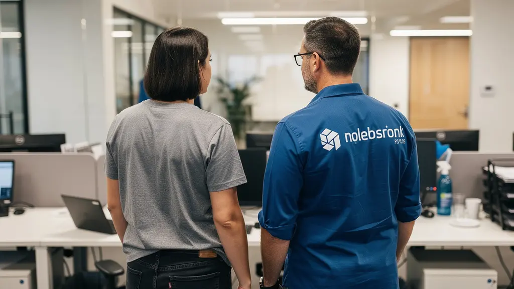 Gestionnaire et technicien de nettoyage vérifiant la qualité du travail dans des bureaux