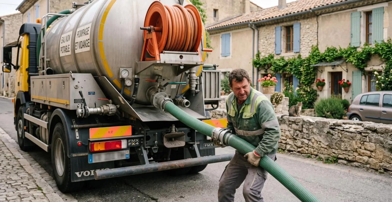 Opérateur reliant une flexible d'aspiration à l'arrière d'un camion-citerne de vidange stationné dans une rue résidentielle.