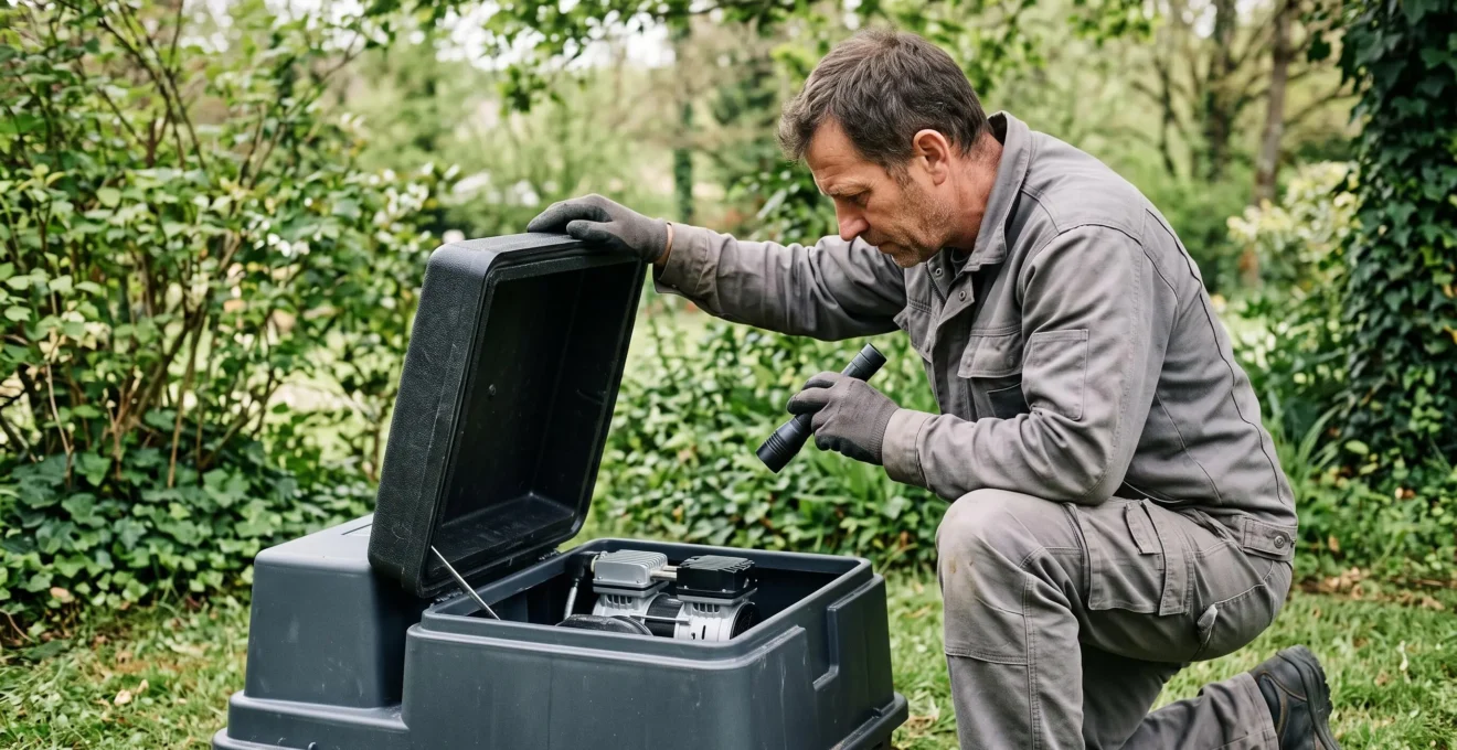 Technicien accroupi contrôlant le compresseur d'aération d'une micro-station d'épuration, capot technique soulevé.