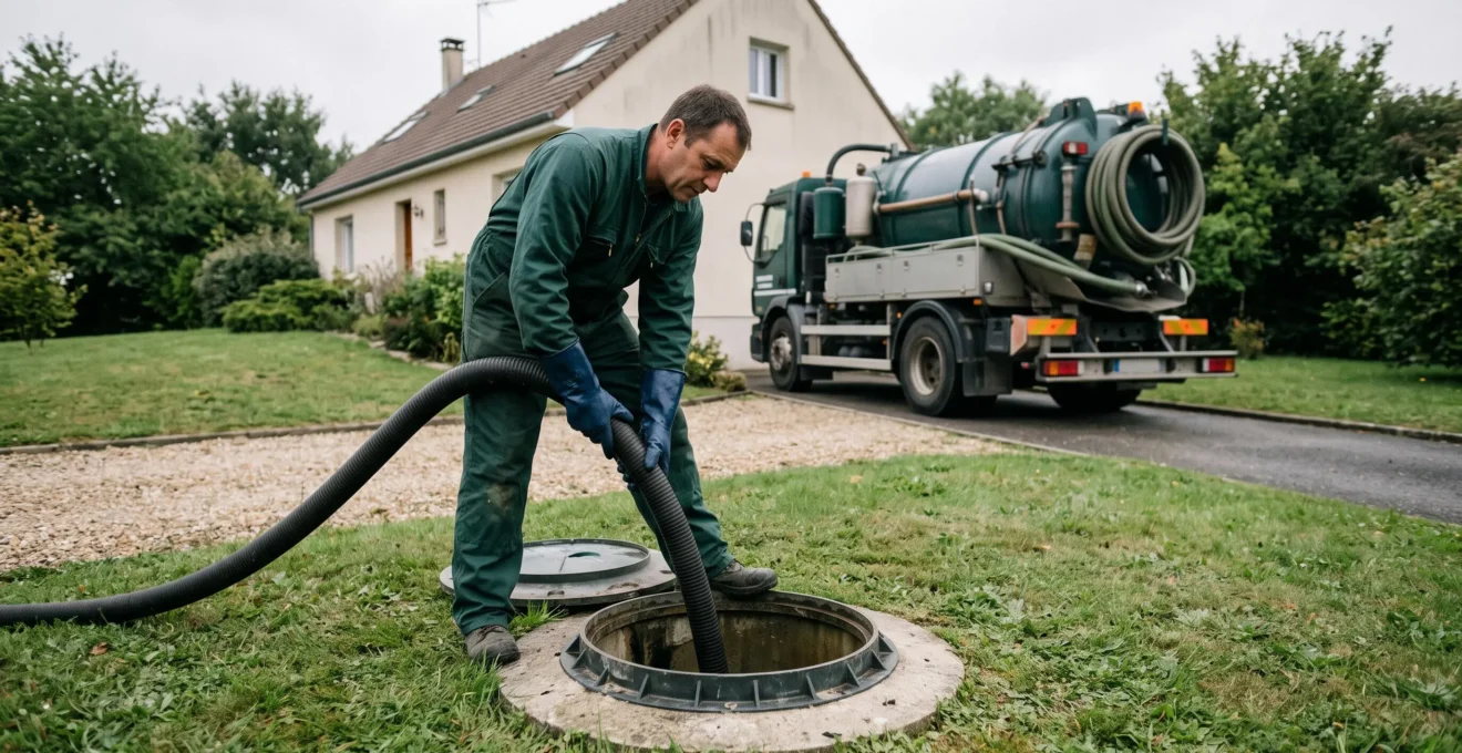 Opérateur d'assainissement guidant une flexible d'aspiration dans le regard ouvert d'une micro-station d'épuration dans un jardin, camion-citerne en arrière-plan.