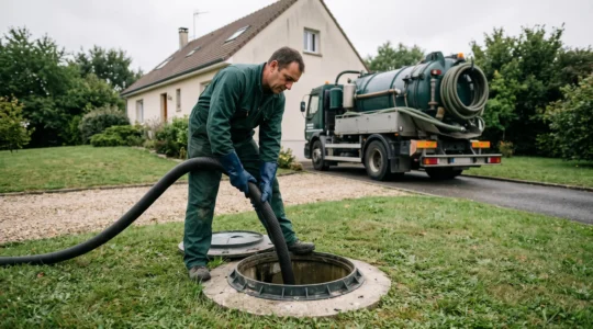 Opérateur d'assainissement guidant une flexible d'aspiration dans le regard ouvert d'une micro-station d'épuration dans un jardin, camion-citerne en arrière-plan.